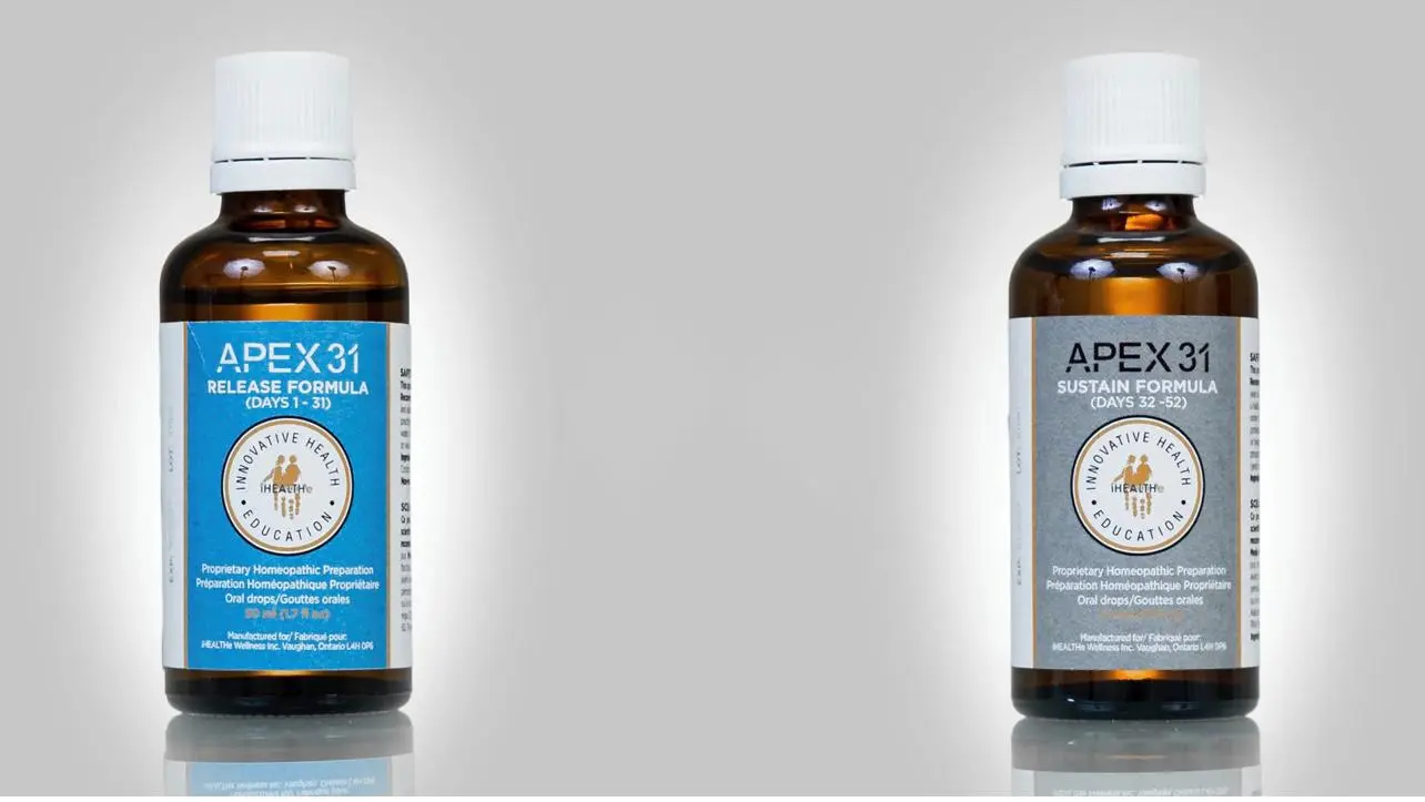 Two Amber Glass Bottles Apex31 Release Formula Apex31 Sustain Formula Featuring Health Education Branding